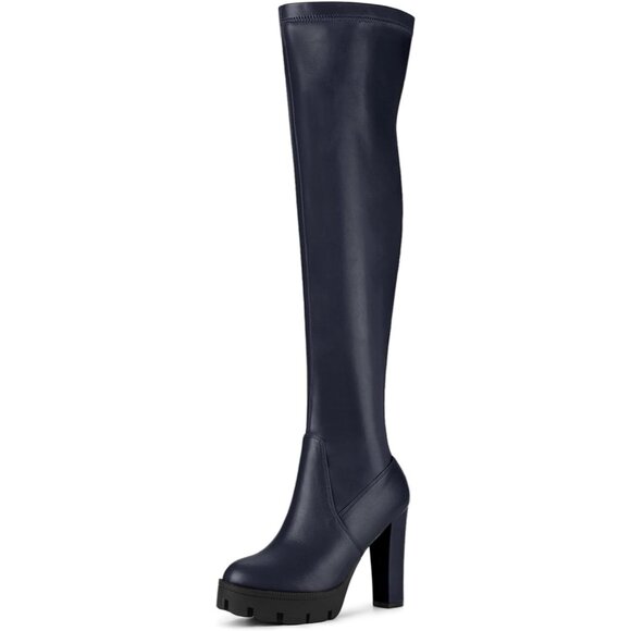 Women's Navy Blue Platform Boots Chunky Heel Over Knee High Rounded Toe Boots - Picture 1 of 5